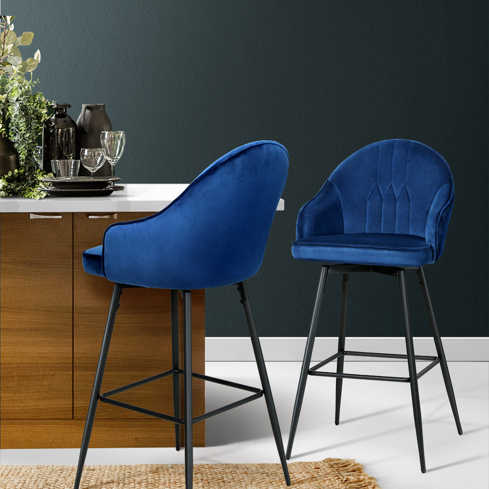 Artiss blue velvet bar stools with metal legs showcasing plush comfort and modern design in a stylish kitchen setting.