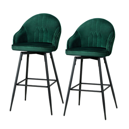 Artiss 2x green velvet bar stools with metal legs, featuring plush seats and stylish design for modern kitchens or home bars.