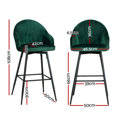 Artiss velvet bar stools with metal legs, featuring measurements for height, seat width, and seat depth in stylish green.