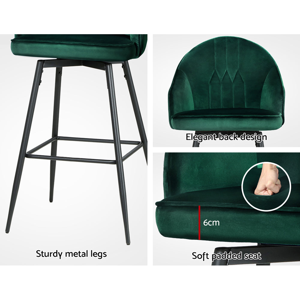 Artiss green velvet bar stool with sturdy metal legs, elegant back design, and soft padded seat for comfort.