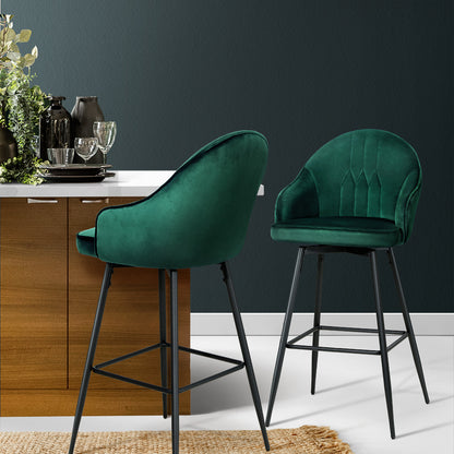 Artiss velvet green bar stools with metal legs, stylish counter seating for modern kitchens and bars.