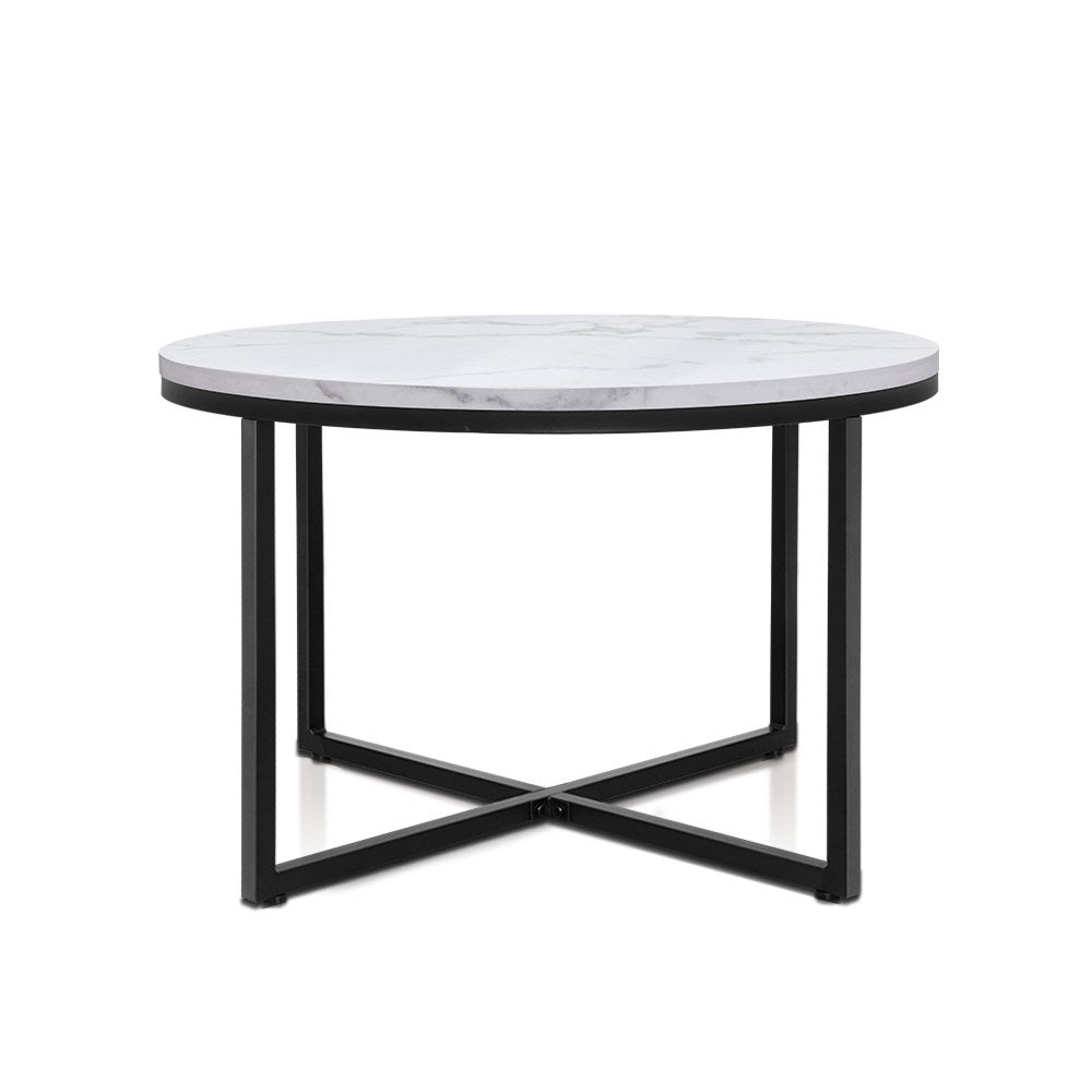 Round coffee table with marble effect top and black metal base, perfect for modern living room decor.