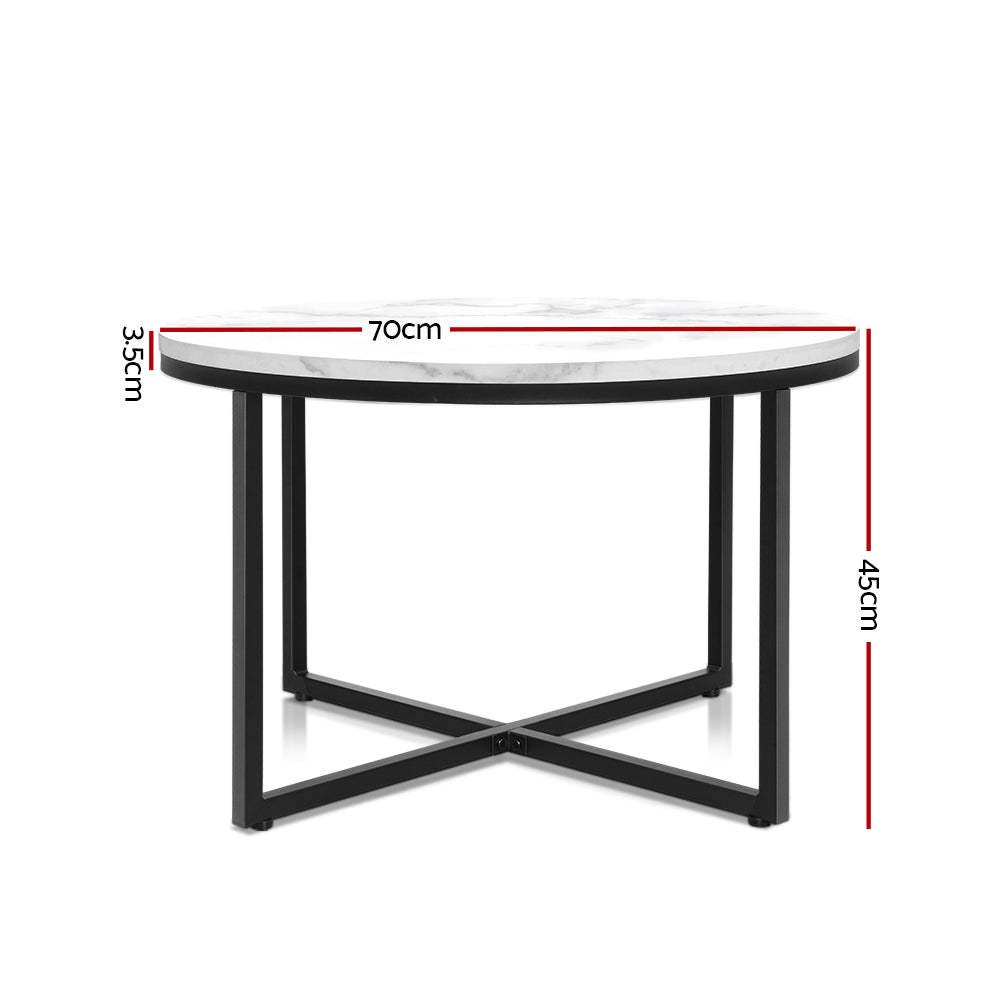 Artiss round coffee table with marble-effect top, black metal base, dimensions 70cm diameter, 45cm height, 35cm width.