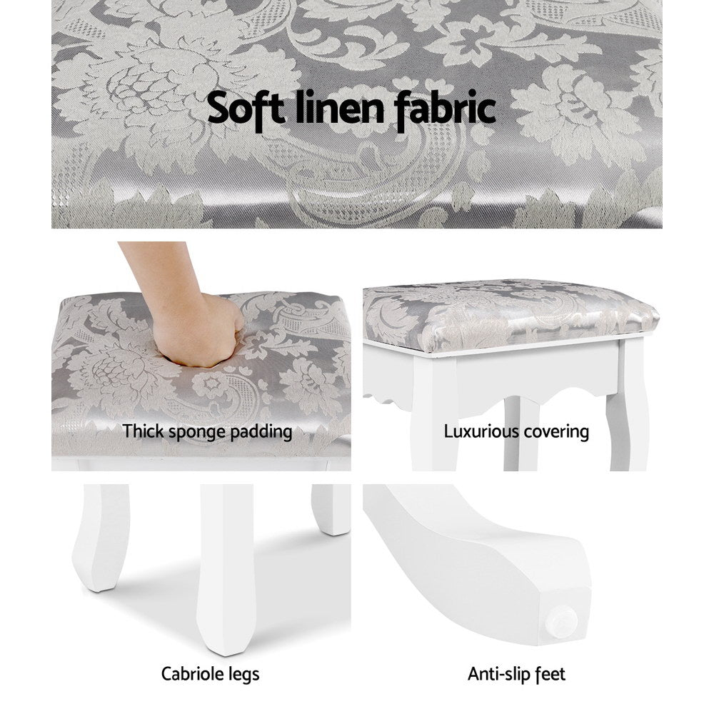 Artiss dressing table stool features soft linen fabric, thick padding, luxurious cover, cabriole legs, and anti-slip feet.