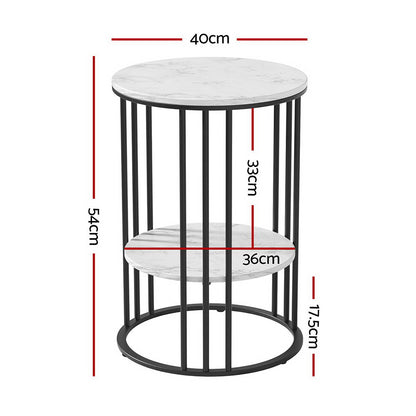 Artiss round coffee table with marble effect, featuring 2-tier design and black metal frame, dimensions displayed for reference.