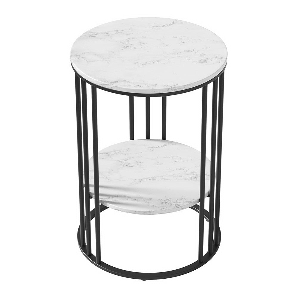 Round coffee table with marble effect top and two-tier design, ideal for modern living spaces.