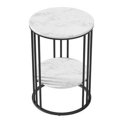 Round coffee table with marble effect top and two-tier design, ideal for modern living spaces.