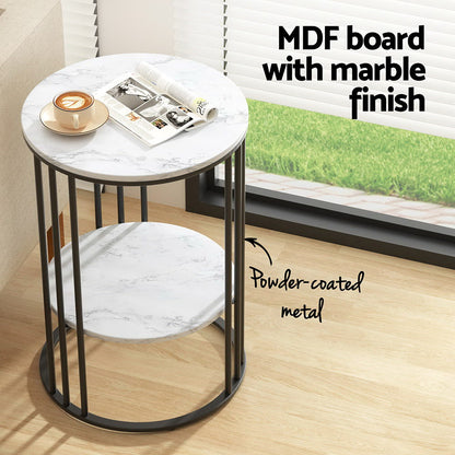 Round coffee table with MDF board and marble finish, featuring a sturdy metal frame and two-tier design for modern living spaces.