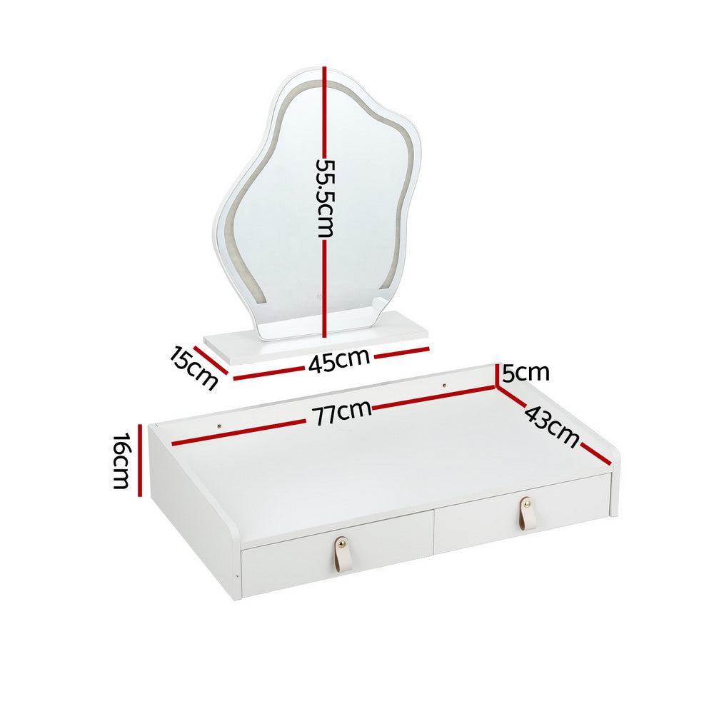 Dimensions of Artiss Floating LED White Daphne Dressing Table with cloud-shaped mirror for stylish makeup organization.