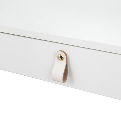 Close-up of the Artiss Daphne Dressing Table drawer with a stylish white leather handle and brass button detail.