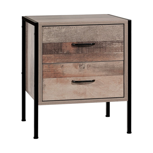 Artiss Barnsly oak bedside table with 2 drawers, black metal frame. Bedside stand for storage and decor.