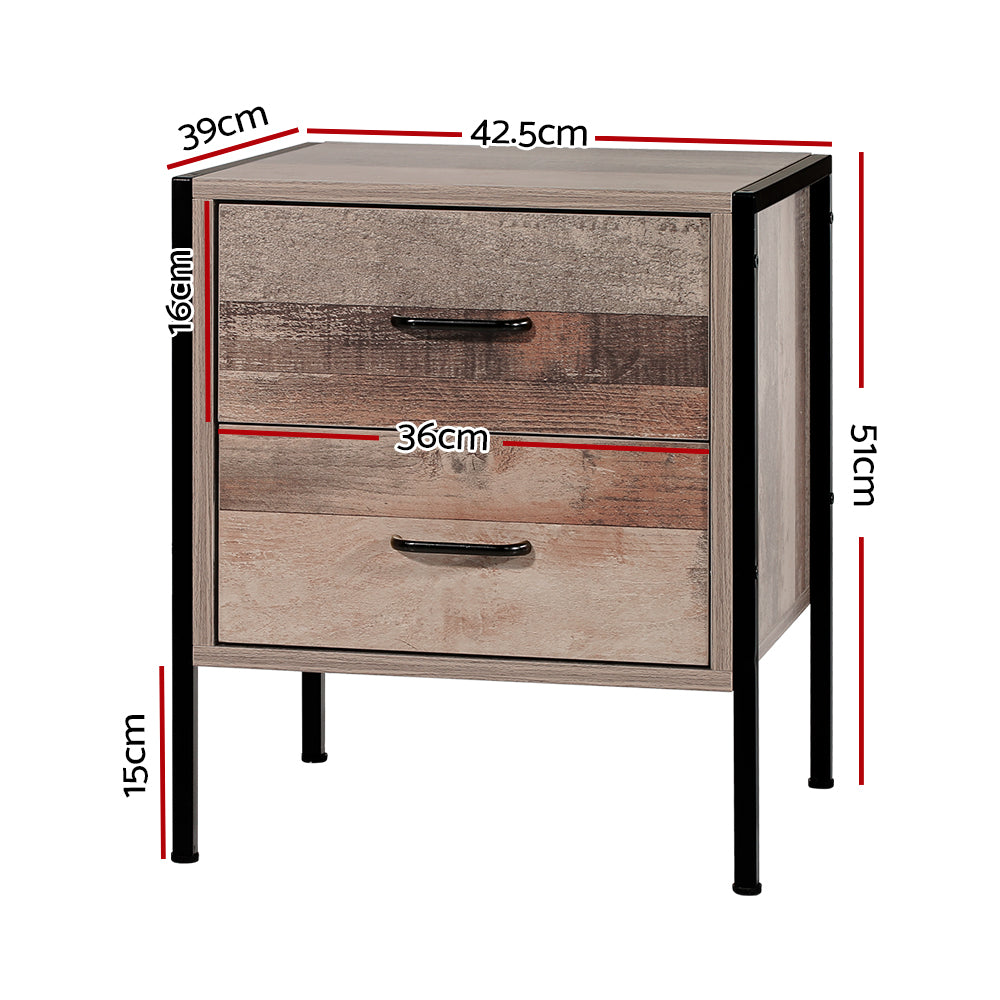 Artiss Barnsly bedside table with 2 drawers, oak finish, black metal frame, dimensions 42.5x39x51cm, ideal for bedroom furniture.