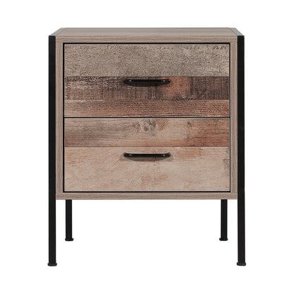 Artiss Barnsly bedside table with 2 drawers, oak finish, black metal frame. Stylish nightstand, perfect for bedroom storage.