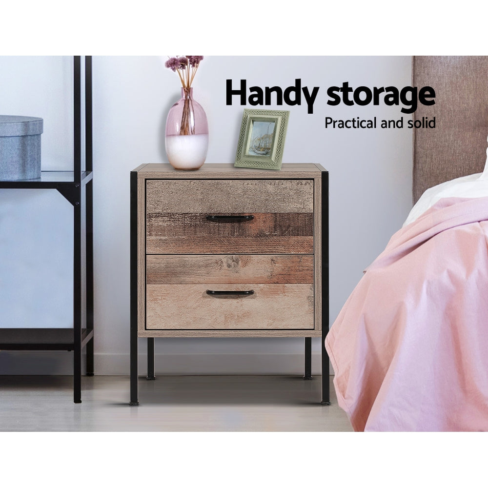 Oak bedside table with black metal frame, featuring two drawers, ideal for bedroom storage. Stylish nightstand for practical use.