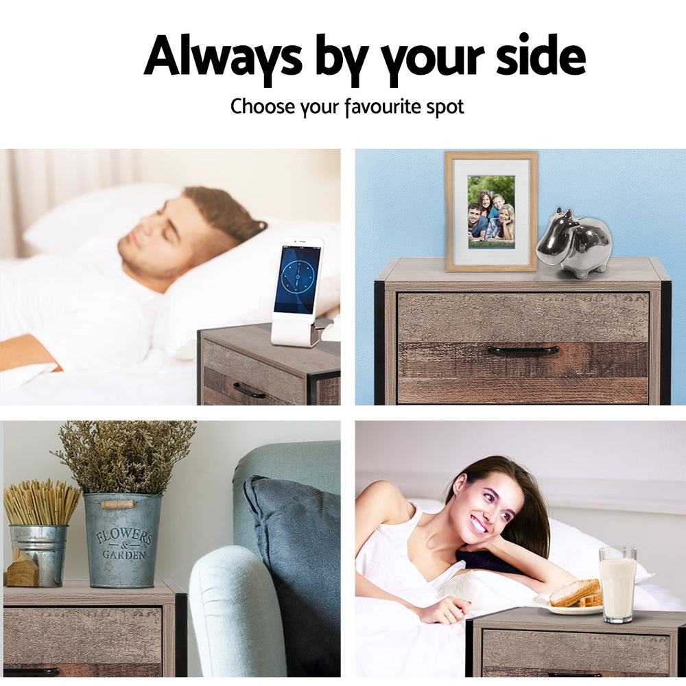 Collage of Artiss Barnsly bedside table with decor in bedroom settings, highlighting versatility and style.