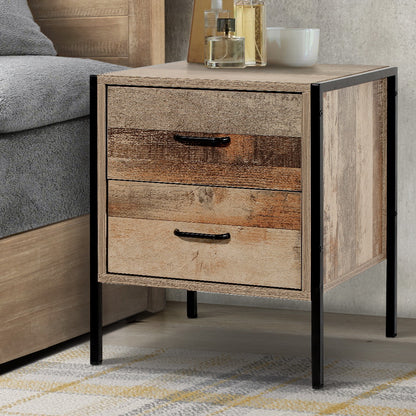 Rustic oak bedside table with 2 drawers and black metal frame, perfect as a bedside nightstand or bedside stand in any bedroom.