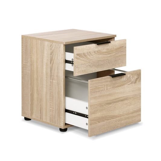 Artiss 2 drawer filing cabinet in natural wood finish, ideal for office storage and organizing files.