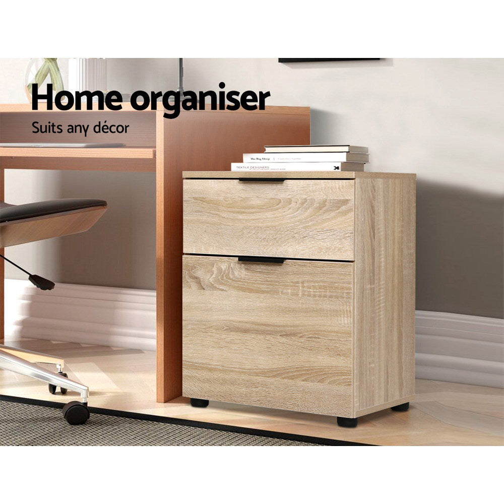 Artiss 2 drawer filing cabinet in natural wood finish, perfect for office storage and organization under your desk.