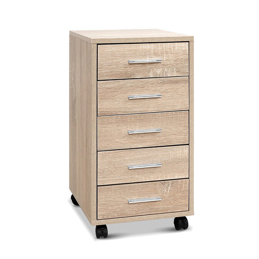 Artiss filing cabinet with five drawers on wheels, ideal for office storage and organization under desks.