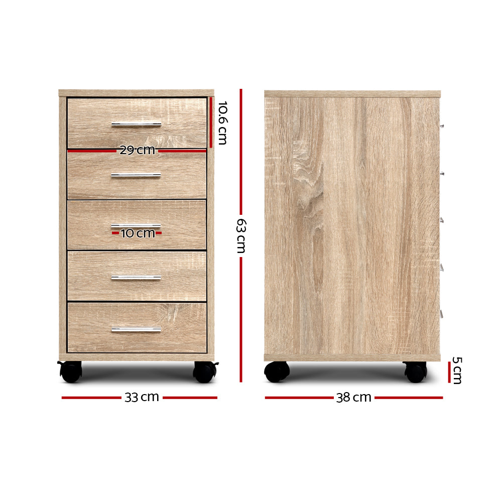 Artiss filing cabinet with five drawers, dimensions, and mobile storage solution for office organization.