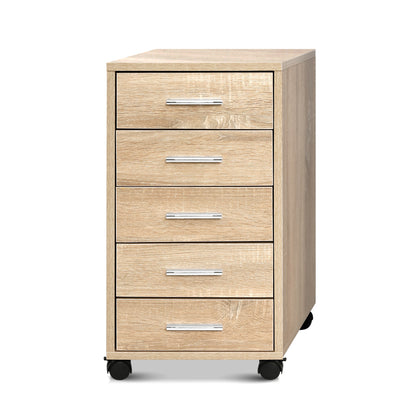 Artiss 5 drawer mobile filing cabinet in light wood finish, ideal for office storage and organization under desk.