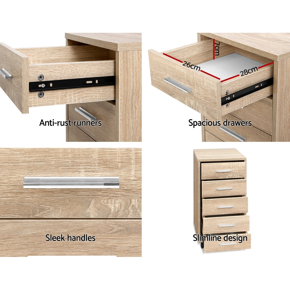 Features of Artiss 5 Drawer Filing Cabinet: anti-rust runners, spacious drawers, sleek handles, and slimline design for office storage.