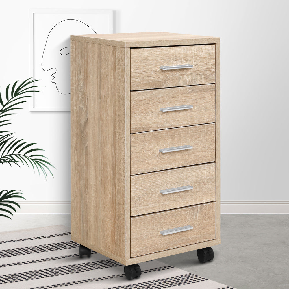 Artiss 5-drawer mobile filing cabinet for office storage in light wood finish, ideal for organizing workspace essentials.