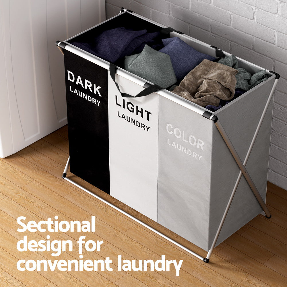 Artiss laundry basket hamper with three sections for dark, light, and color laundry, stylish and practical storage solution.