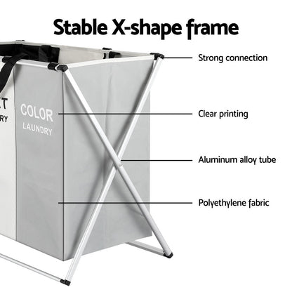 Artiss Laundry Basket Hamper showcasing a stable X-shape frame, strong connection, aluminum alloy tube, and polyethylene fabric.