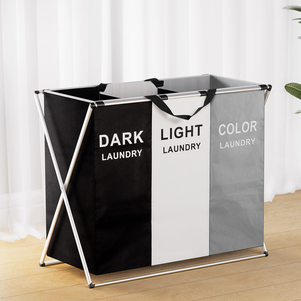 Artiss stylish laundry basket hamper with three sections for dark, light, and color laundry.