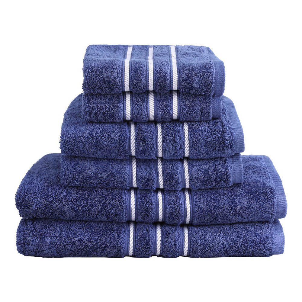 Luxury navy 6 pack cotton bath towels set stacked neatly, showcasing plush texture and elegant striped design for bathroom decor.