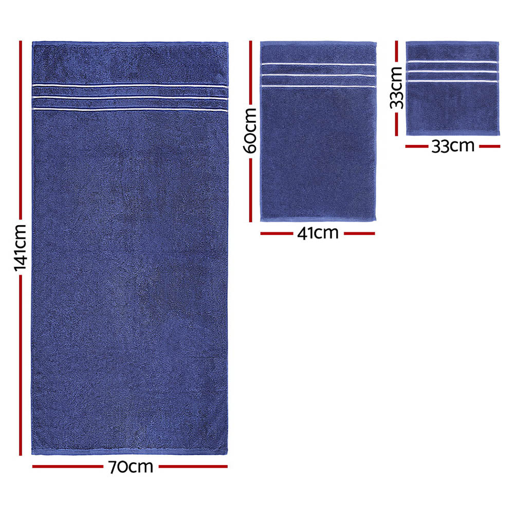 Navy luxury cotton bath towel set dimensions, including sizes for bath, hand, and face towels, showcasing elegant design.