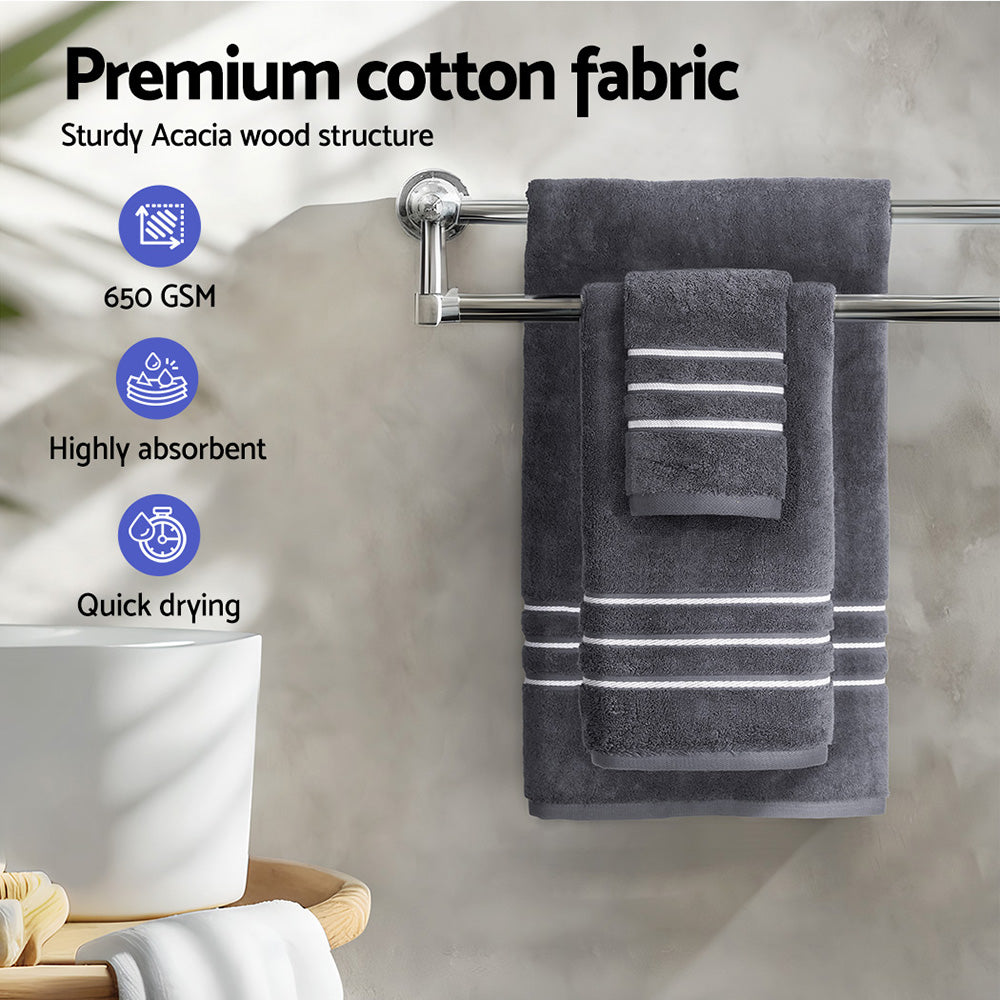 Luxury grey bath towels showcasing premium cotton fabric, 650 GSM, highly absorbent and quick-drying towel set.