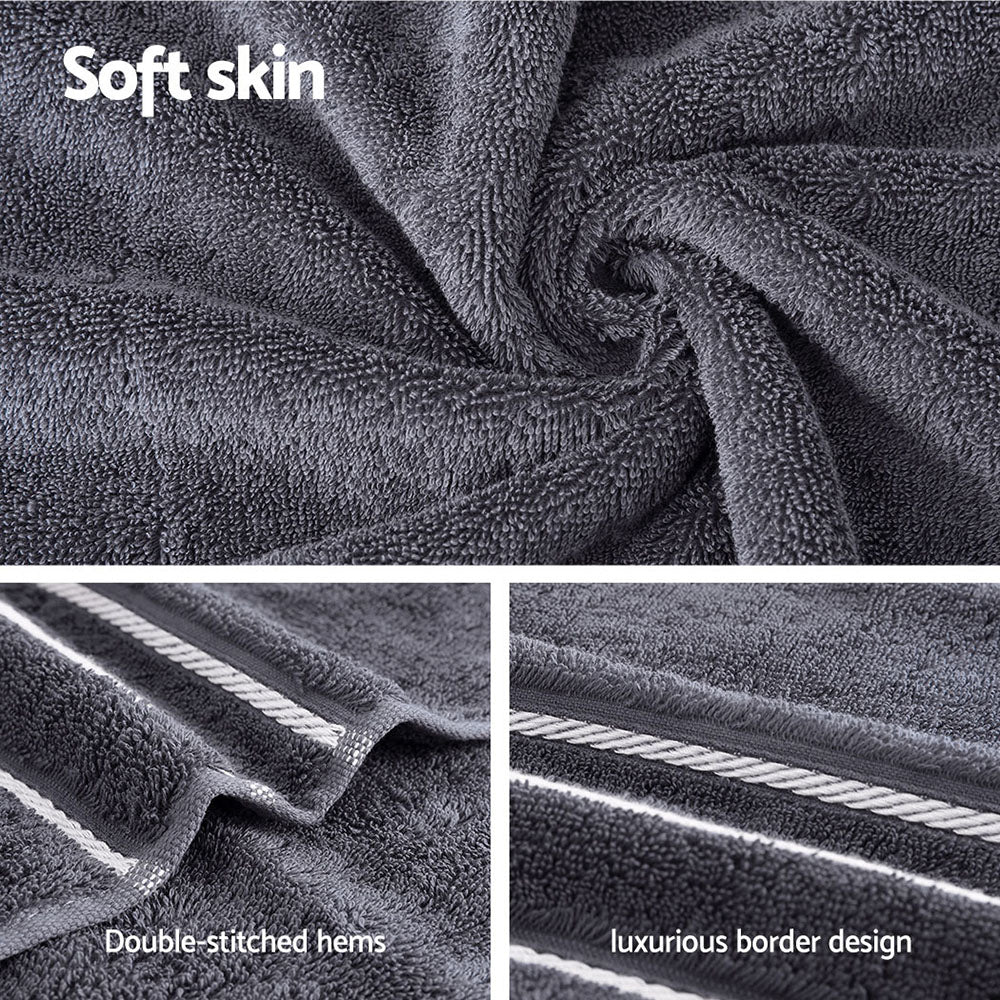 Luxury grey bath towels showcasing soft texture, double-stitched hems, and elegant border design for a premium feel.