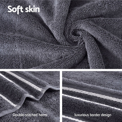 Luxury grey bath towels showcasing soft texture, double-stitched hems, and elegant border design for a premium feel.