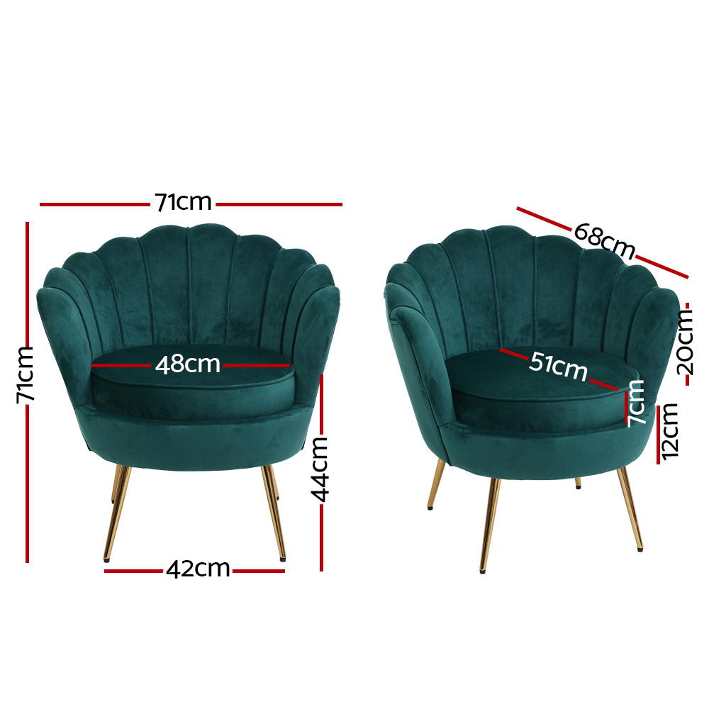 Dimensions and design features of the Artiss Green Velvet Armchair Callista, showcasing its elegant and luxurious structure.