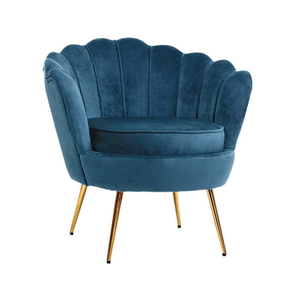 Luxurious blue velvet accent chair with elegant design and gold legs, perfect for adding a chic colour pop to any room.