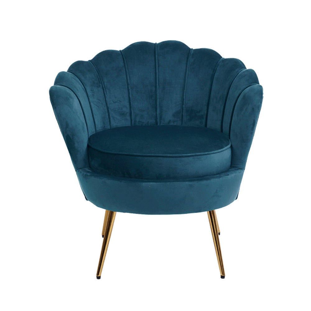 Artiss Callista blue velvet accent chair with elegant scalloped design and gold legs, perfect for stylish home decor.