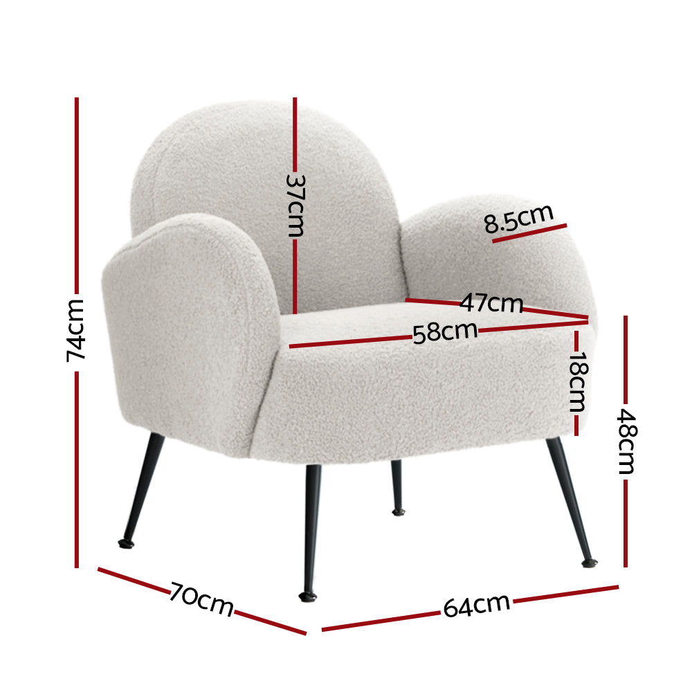 Artiss armchair lounge chair dimensions: 74cm height, 70cm width, 64cm depth, featuring soft white Sherpa boucle upholstery.