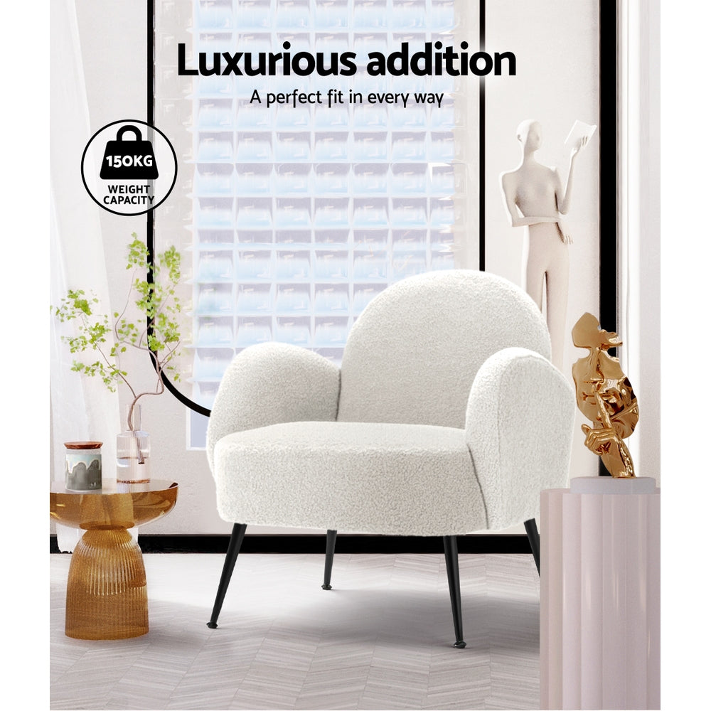 Artiss white Sherpa bouclé armchair, stylish accent chair, perfect for modern living rooms, cozy and luxurious design.