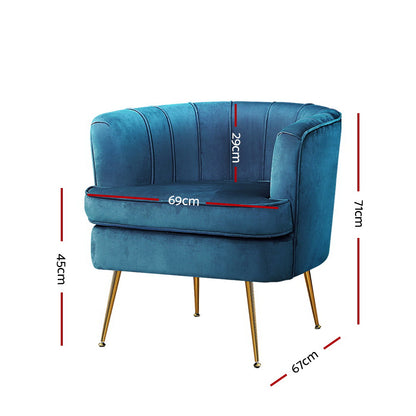 Artiss Blue Velvet Armchair Norvia dimensions with stylish design and elegant gold legs, perfect for any modern living space.