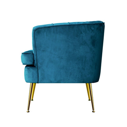 Back view of Artiss Blue Velvet Armchair Norvia, showcasing its elegant design and luxurious velvet upholstery.