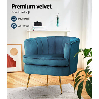 Artiss blue velvet accent chair showcasing premium velvet, smooth texture, and modern design, perfect for elegant home decor.