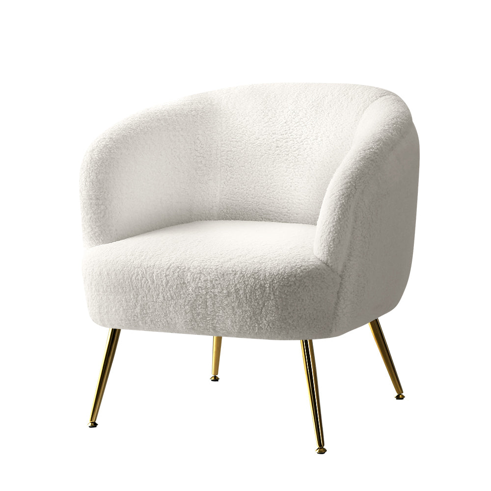 Stylish white Sherpa bouclé accent armchair with gold legs, perfect for contemporary living spaces.