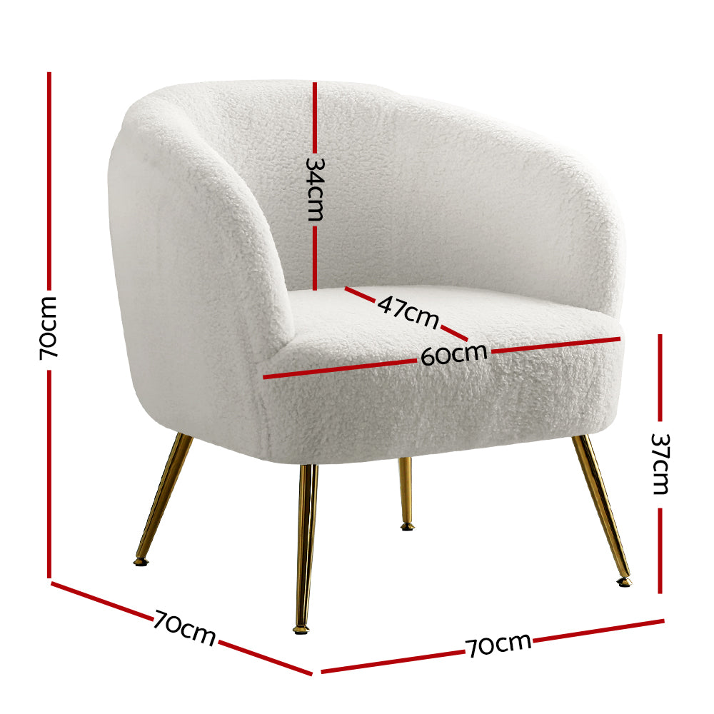 Artiss Armchair Lounge Chair dimensions with white Sherpa boucle upholstery and gold legs, ideal for stylish accent seating.