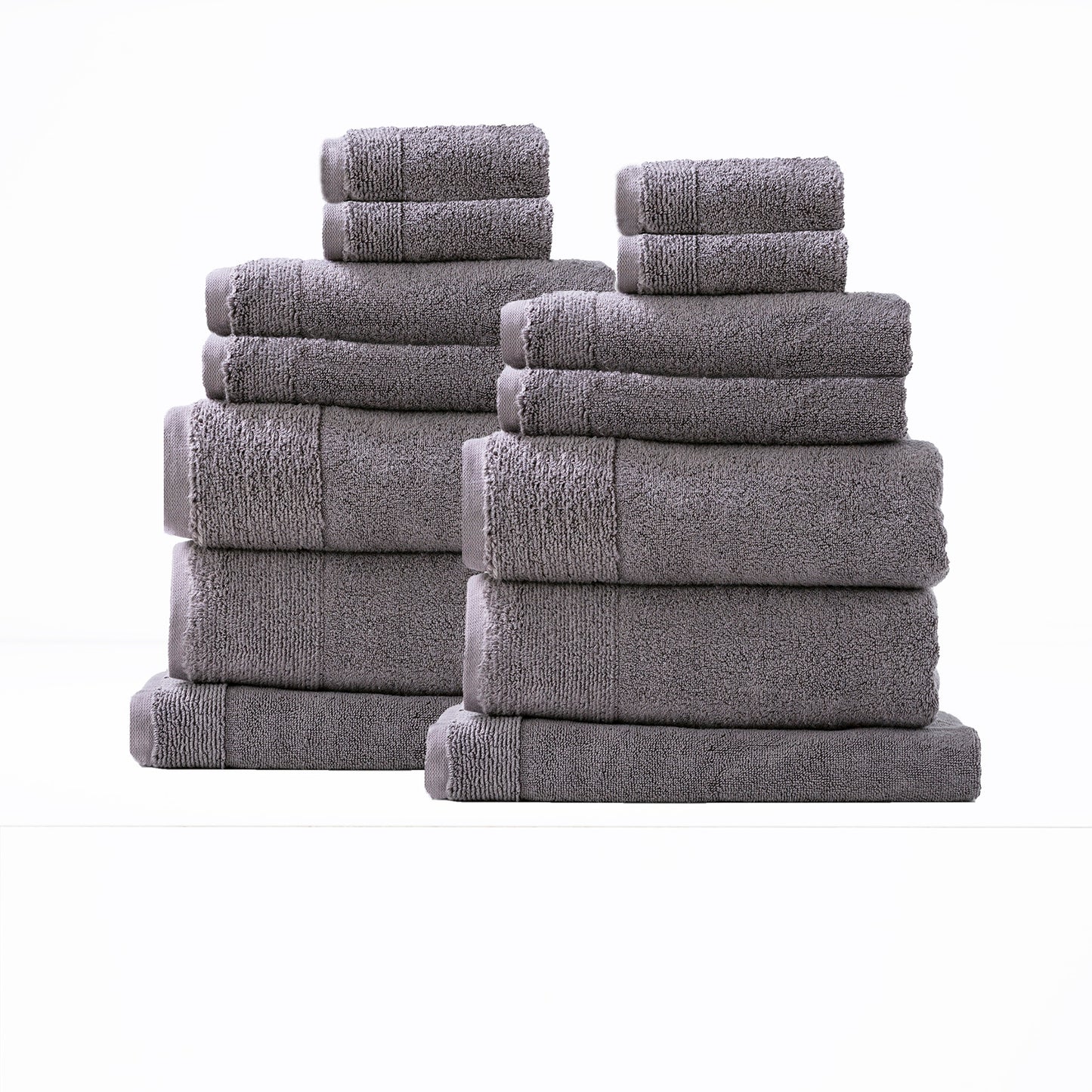 Vapour color Aireys 650 GSM 14-piece luxury bath towel set by Renee Taylor, crafted from zero twist cotton, perfect for bathrooms.