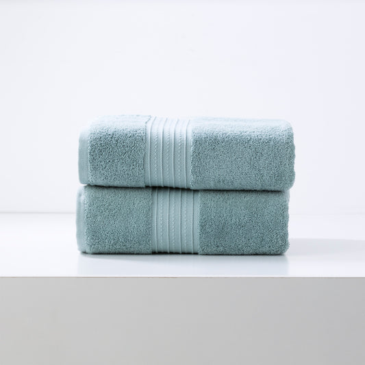 Luxury mist blue bath sheet, 2-pack Renee Taylor Brentwood 650 GSM low twist cotton towels, elegant bathroom towels.