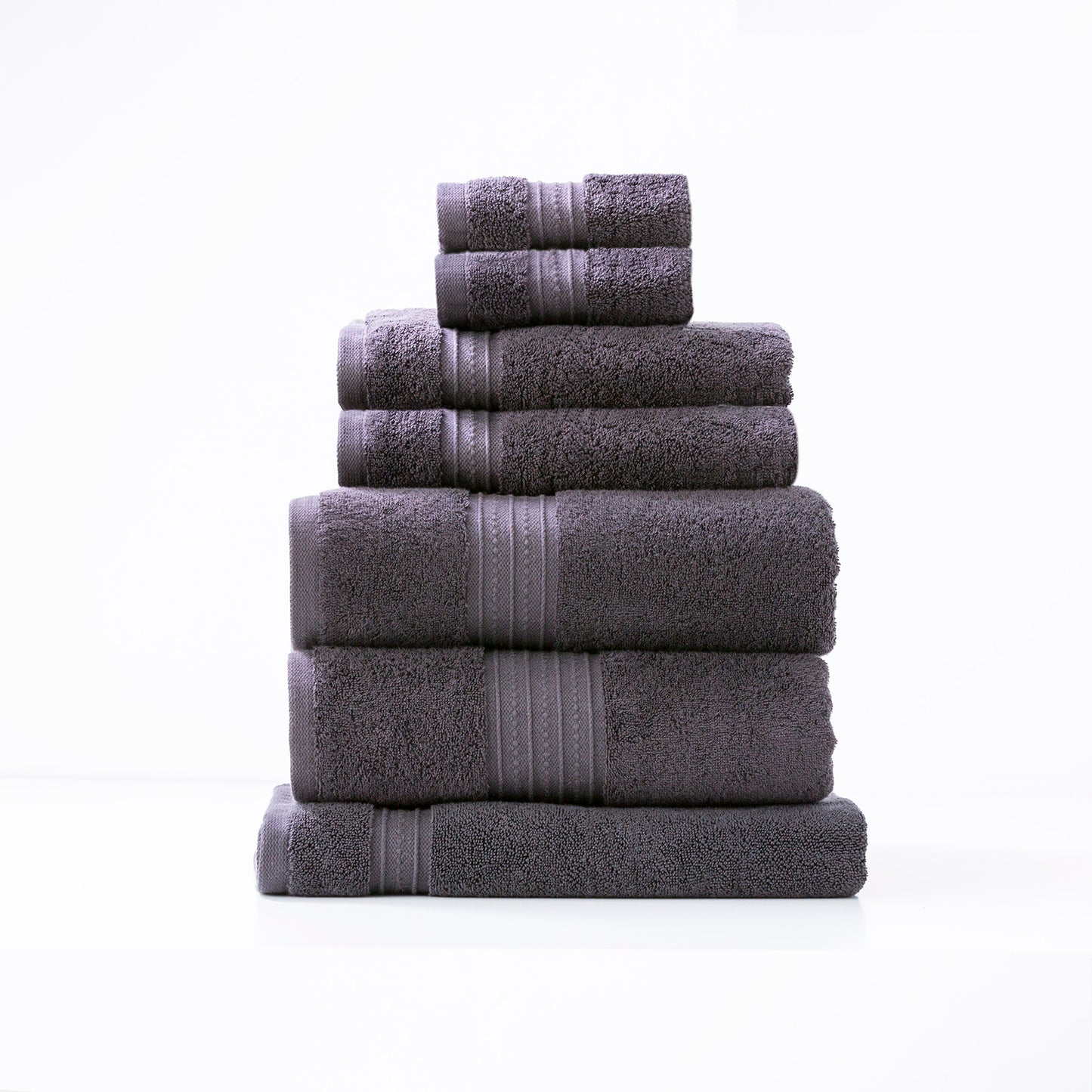 Carbon grey Brentwood 7 piece bath towel set made from low-twist combed cotton by Renee Taylor, luxury bathroom towels.