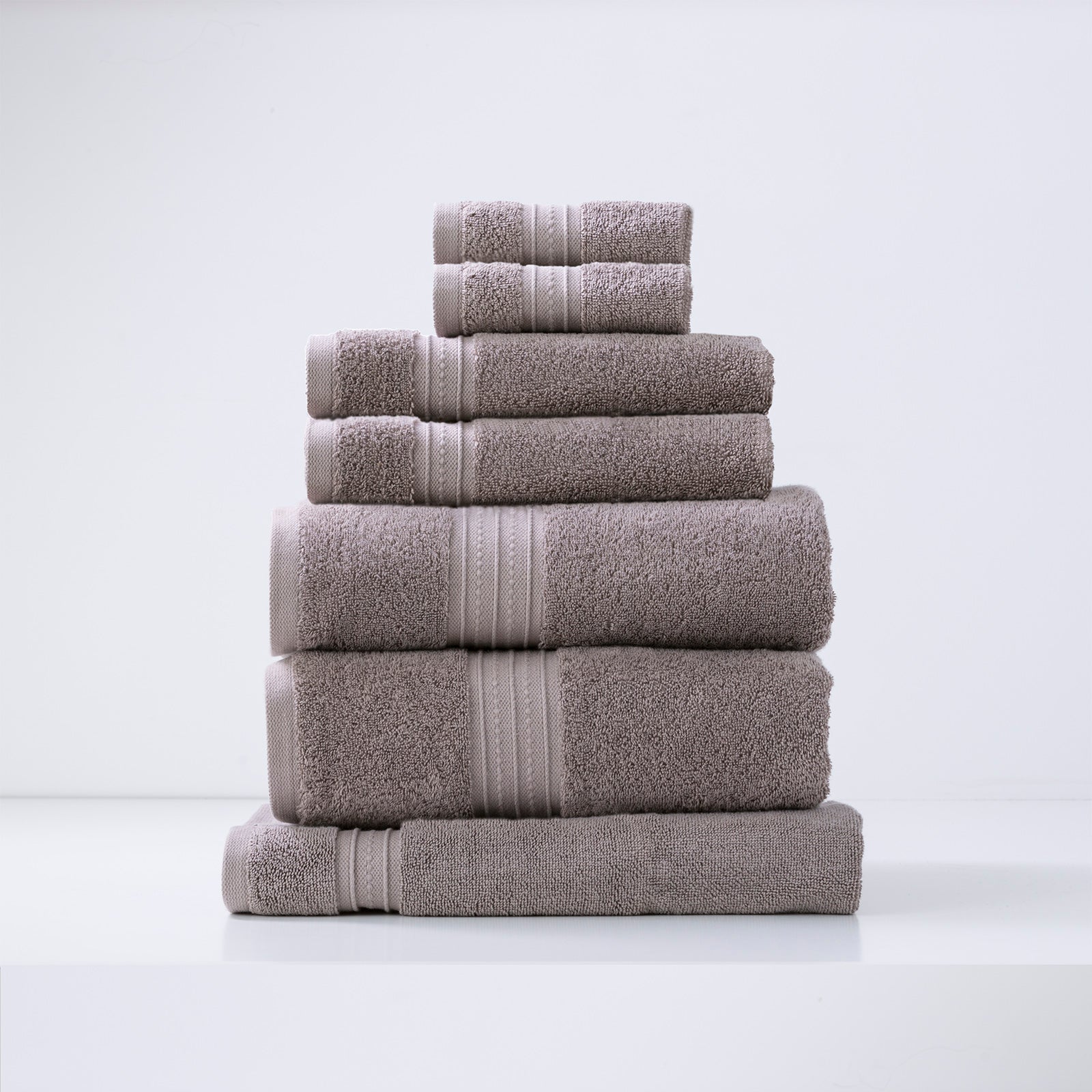 Whisper grey 7-piece bath towel set by Renee Taylor, luxury low-twist combed cotton for soft, quick-drying bathroom towels.