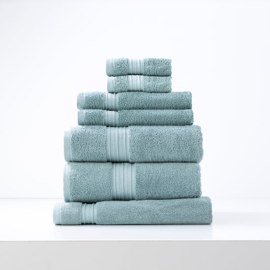 Brentwood 7-piece luxury bath sheet set in mist blue, 650 GSM low-twist cotton, by Renee Taylor. Soft, absorbent bathroom towels.